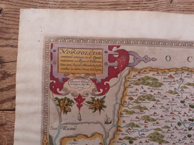 Lot 864 - Saxton Christopher: Very rare 1574 hand-coloured engraved map of Norfolk, the first map ever produced of Norfolk and believed to be the first in Saxton's series of county maps - 'Norfolciae comitat...