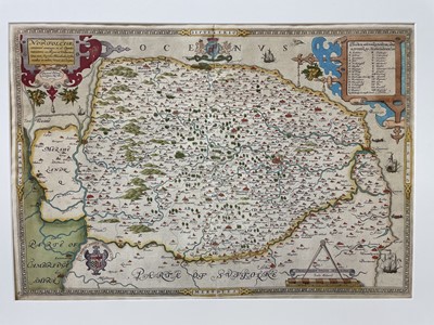 Lot 864 - Saxton Christopher: Very rare 1574 hand-coloured engraved map of Norfolk, the first map ever produced of Norfolk and believed to be the first in Saxton's series of county maps - 'Norfolciae comitat...