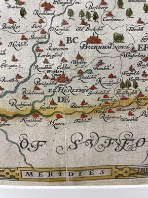 Lot 864 - Saxton Christopher: Very rare 1574 hand-coloured engraved map of Norfolk, the first map ever produced of Norfolk and believed to be the first in Saxton's series of county maps - 'Norfolciae comitat...
