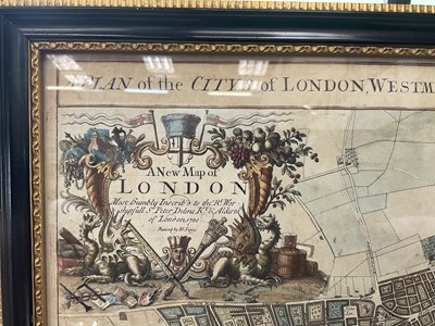 Lot 840 - S. Parker, hand-coloured engraving: "A Plan of the City's of London, Westminster and Borough of Southwark; With the New Additional Buildings; Anno 1720", revised by John Senex, image 49 x 58cm, gla...
