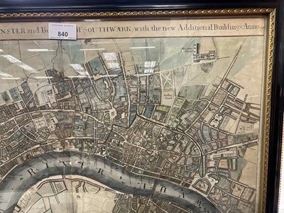 Lot 840 - S. Parker, hand-coloured engraving: "A Plan of the City's of London, Westminster and Borough of Southwark; With the New Additional Buildings; Anno 1720", revised by John Senex, image 49 x 58cm, gla...