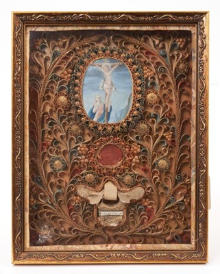 Lot 841 - Early 19th century religious reliquary picture with piece of bone from Saint Celestin, watercolour portrait of Mary with Jesus on the cross , Papal seal within fine coiled paper floral scroll groun...