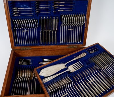 Lot 355 - Extensive canteen of Edwardian silver cutlery (Birmingham 1907), maker Elkington & Co, each piece with engraved armorial, comprising, x1 pair of fish servers, x3 mustard spoons, x12 fish forks, x12...