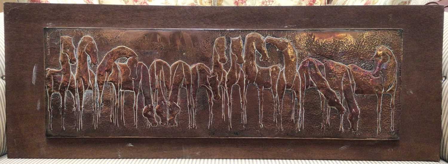 Lot 694 - Nang Seng Lim (1916-1987), beaten copper panel decorated with horses entitled on reverse ' Team of horses', mounted on panel 39 x109cm