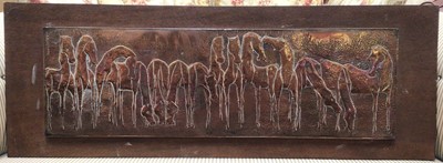 Lot 842 - Nang Seng Lim (1916-1987), beaten copper panel decorated with horses entitled on reverse ' Team of horses', mounted on panel 39 x109cm