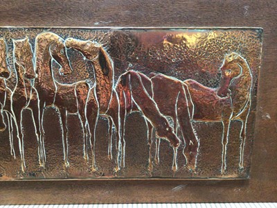 Lot 694 - Nang Seng Lim (1916-1987), beaten copper panel decorated with horses entitled on reverse ' Team of horses', mounted on panel 39 x109cm
