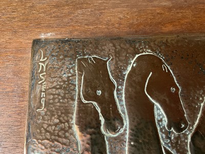 Lot 694 - Nang Seng Lim (1916-1987), beaten copper panel decorated with horses entitled on reverse ' Team of horses', mounted on panel 39 x109cm
