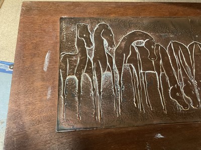 Lot 694 - Nang Seng Lim (1916-1987), beaten copper panel decorated with horses entitled on reverse ' Team of horses', mounted on panel 39 x109cm