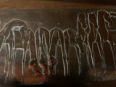 Lot 694 - Nang Seng Lim (1916-1987), beaten copper panel decorated with horses entitled on reverse ' Team of horses', mounted on panel 39 x109cm