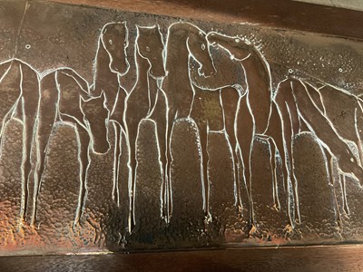 Lot 694 - Nang Seng Lim (1916-1987), beaten copper panel decorated with horses entitled on reverse ' Team of horses', mounted on panel 39 x109cm