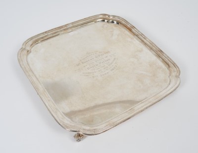Lot 357 - George VI silver salver of square form with presentation inscription