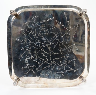 Lot 357 - George VI silver salver of square form with presentation inscription