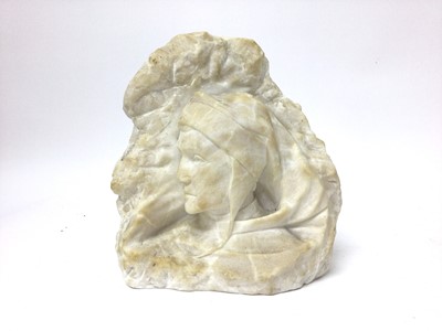 Lot 135 - Late 19th century carved alabaster bust of Dante with retailers shield to base 21 cm high, 20 cm wide
