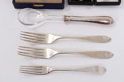 Lot 363 - Pair of George III silver table forks, (Dublin 1803), together with other silver flatware, silver cream jug and other silver and white metal items (various dates and makers),18ozs of 800 silver 12....