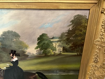 Lot 933 - John Vine of Colchester (c.1809-1867) oil on canvas - Emma Sparrow, riding her hunter, Anachase, in the grounds of Gosfield Place, signed, inscribed Colchester and dated 1842, 62.5cm x 76cm, in gil...