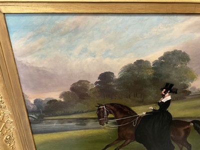 Lot 933 - John Vine of Colchester (c.1809-1867) oil on canvas - Emma Sparrow, riding her hunter, Anachase, in the grounds of Gosfield Place, signed, inscribed Colchester and dated 1842, 62.5cm x 76cm, in gil...