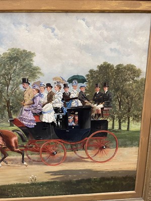 Lot 932 - Alfred Frank de Parades (1825-1895) oil on canvas - Basil Sparrow of Gosfield Place driving his wife and family to Church, signed and dated 1874, 82cm x 137cm, in gilt frame