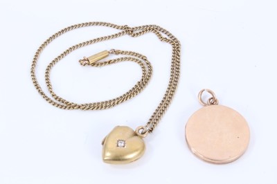 Lot 546 - Late Victorian gold heart shaped locket with old cut diamond in star shape gypsy style setting, 20mm, on a Victorian gold curb link chain with barrel clasp, marked 15', together with an Edwardian r...