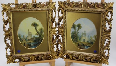 Lot 1114 - English School, 19th century, pair of oval oils on board - Country Landscapes, 23cm x 18cm, in glazed Florentine-style gilt frames