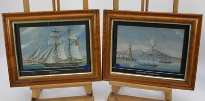 Lot 1111 - Italian School, 19th century, pair of goauche ship pictures - 'Felicity' and 'View Over Naples Bay', 18cm x 26.5cm, in glazed maple veneered frames