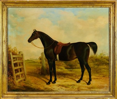 Lot 1106 - William Barraud (1810-1850) oil on canvas - Dark Bay Hunter in Landscape, signed, indistinctly dated, 63cm x 76.5cm, in gilt frame