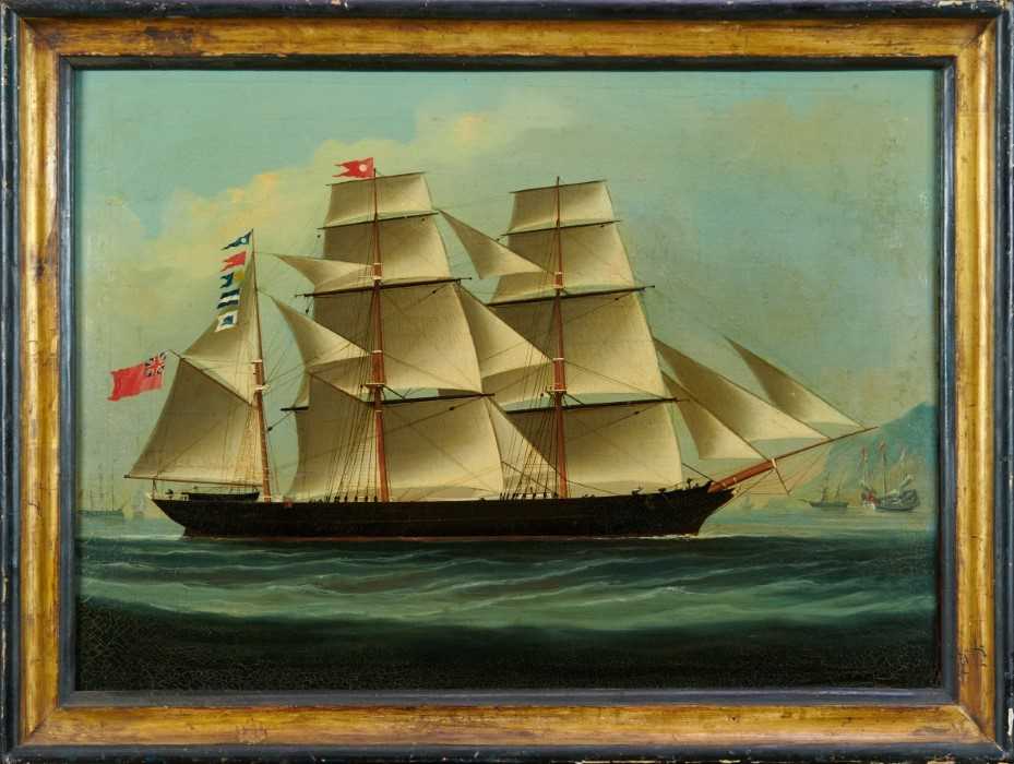 Lot 1107 - Chinese School, mid 19th century, oil on canvas - The Barque Annie Warren, Captain Hugh Millard, off the China Coast, circa 1864, indistinctly inscribed verso, 46cm x 6cm, in gilt and ebonised fram...