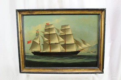 Lot 1107 - Chinese School, mid 19th century, oil on canvas - The Barque Annie Warren, Captain Hugh Millard, off the China Coast, circa 1864, indistinctly inscribed verso, 46cm x 6cm, in gilt and ebonised fram...