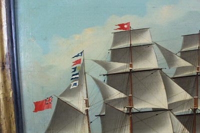 Lot 1107 - Chinese School, mid 19th century, oil on canvas - The Barque Annie Warren, Captain Hugh Millard, off the China Coast, circa 1864, indistinctly inscribed verso, 46cm x 6cm, in gilt and ebonised fram...