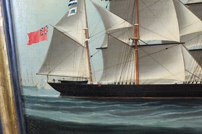 Lot 1107 - Chinese School, mid 19th century, oil on canvas - The Barque Annie Warren, Captain Hugh Millard, off the China Coast, circa 1864, indistinctly inscribed verso, 46cm x 6cm, in gilt and ebonised fram...