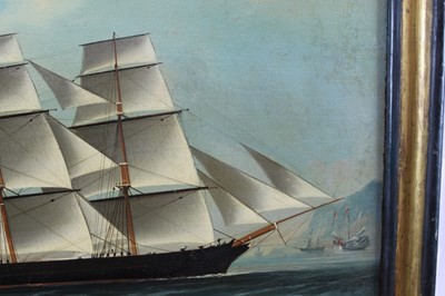 Lot 1107 - Chinese School, mid 19th century, oil on canvas - The Barque Annie Warren, Captain Hugh Millard, off the China Coast, circa 1864, indistinctly inscribed verso, 46cm x 6cm, in gilt and ebonised fram...