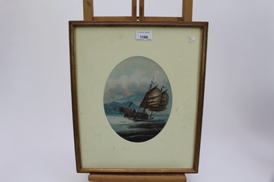 Lot 231 - Chinese School, early 20th century, oval gouache on paper - Junk off the Coast, 22.5cm x 17cm, in glazed gilt frame