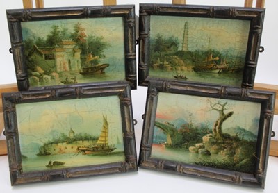 Lot 1109 - Chinese School, early 20th century, set of four oils on canvas - River Landscapes, 11.5cm x 16.5cm, in faux bamboo frames