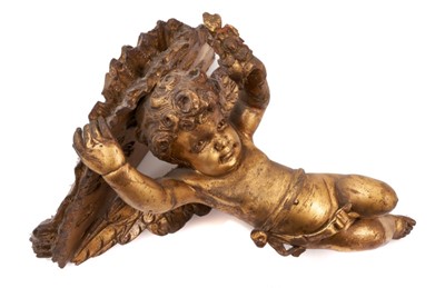 Lot 1414 - Rococo style carved giltwood wall bracket, with cherub support, 34cm high