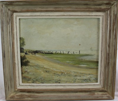 Lot 1056 - Fid Harnack (1897-1983) oil on board - West Mersea Beach, signed, titled verso, 25cm x 29cm, framed, together with a pastel of the Mersea Oyster Beds, 24cm x 35cm, in glazed frame (2)