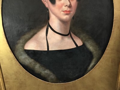 Lot 44 - Continental School, 19th century, oil on canvas - portrait of a stylish lady, 62cm x 49cm, oval, in gilt frame