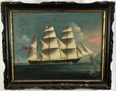 Lot 43 - Anglo Chinese School, late 19th century, oil on canvas - a clipper off the coast, 45cm x 59cm, in carved ebonised frame