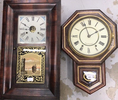 Lot 60 - Late 19th century American wall clock by Seth Thomas with pendulum and another American wall clock by Jerome & Co with weights and pendulum (2)