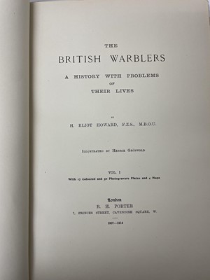 Lot 1102 - Two volumes, H. Eliot Howard, The British Warblers - A history with problems of their lives, illustrated by Henrik Gronvold, published Porter, London, 1907-1914, half calf bound
