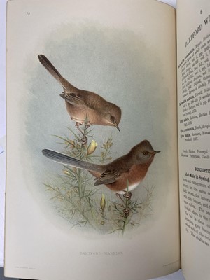 Lot 1102 - Two volumes, H. Eliot Howard, The British Warblers - A history with problems of their lives, illustrated by Henrik Gronvold, published Porter, London, 1907-1914, half calf bound