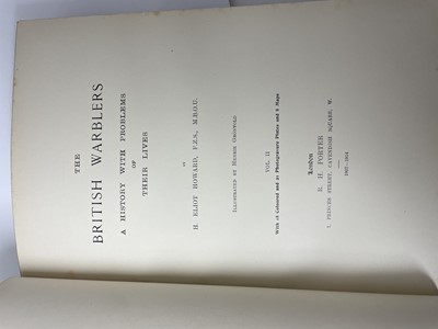 Lot 1102 - Two volumes, H. Eliot Howard, The British Warblers - A history with problems of their lives, illustrated by Henrik Gronvold, published Porter, London, 1907-1914, half calf bound