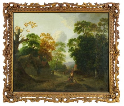 Lot 1206 - Attributed to Thomas Barker of Bath (1769-1847) oil on canvas - figures on a road in an extensive landscape, 63cm x 76cm, in good carved gilt frame