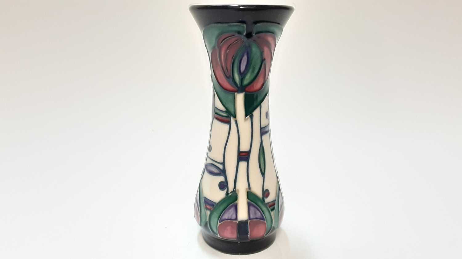 Lot 1106 - Moorcroft pottery Tribute to Charles Rennie Macintosh vase, by Rachel Bishop, painted by Shirley Hague, dated 95, 13cm high