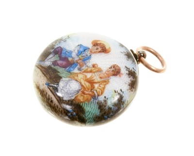 Lot 582 - Antique continental silver and guilloché enamel vinaigrette of circular form, decorated with a courting couple, 30mm x 22mm.