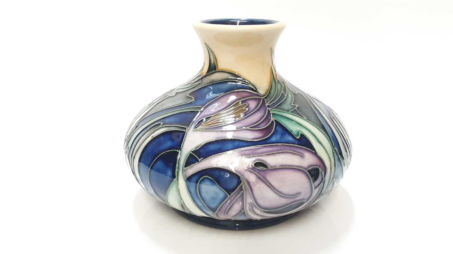 Lot 1110 - Moorcroft pottery limited edition squat vase decorated in the Saffron Crocus pattern for Thaxted Church by Emma Bossons, no. 18 of 150, dated 2003, painted by Pamela Deares, 11cm high, boxed