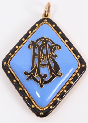 Lot 564 - Victorian gold and enamel mourning pendant with applied black enamel monogram on lavender blue ground with black enamel border and glazed compartment to the reverse, 55mm x 40mm.