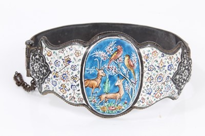 Lot 585 - Antique Persian enamel bangle and a Persian mother of pearl bracelet with polychrome painted decoration (2)