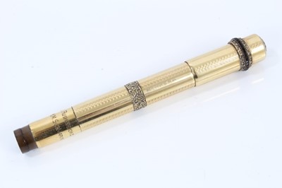 Lot 586 - Vintage Waterman's fountain pen in 18ct rolled gold case with engine turned decoration and presentation inscription to 'J Rushbrooke, Lt.Commander, H.M. Submarine L53'