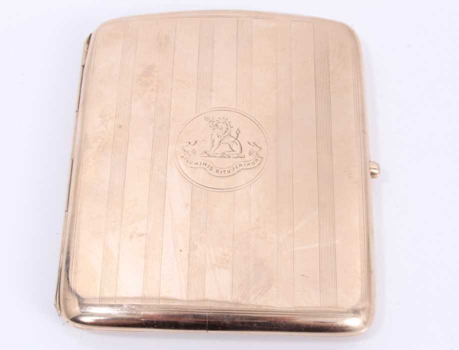 Lot 587 - 9ct rose gold cigarette case with engraved family crest.