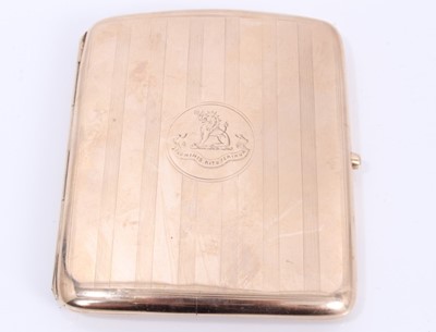 Lot 587 - 9ct rose gold cigarette case with engraved family crest.