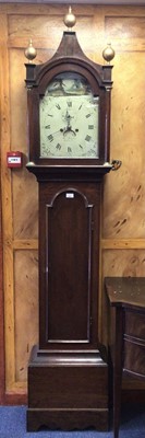 Lot 692 - Victorian eight day longcase clock by Sam Buxton, Colchester with arched painted dial, windmill painted in arch, striking on bell, in oak case, weights and pendulum present 220cm high